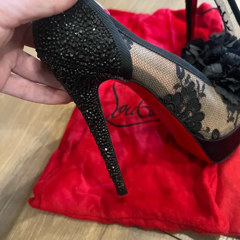 Christian Louboutin Tsar 140 Black Lace & Swarovski Crystal Platform Pumps 39 - Picture 6 of 8